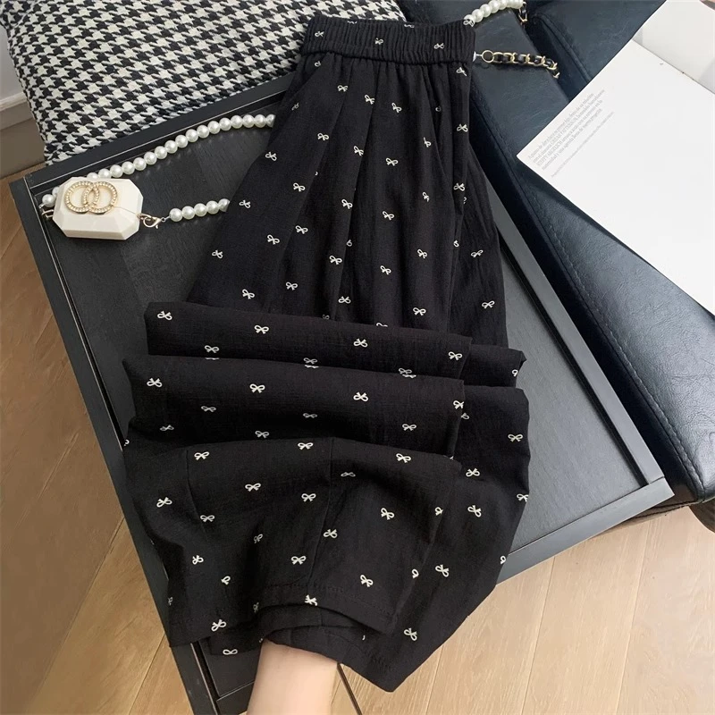 小个子蝴蝶结印花休闲裤女150山本裤褶皱空气阔腿裤夏季冰丝裤