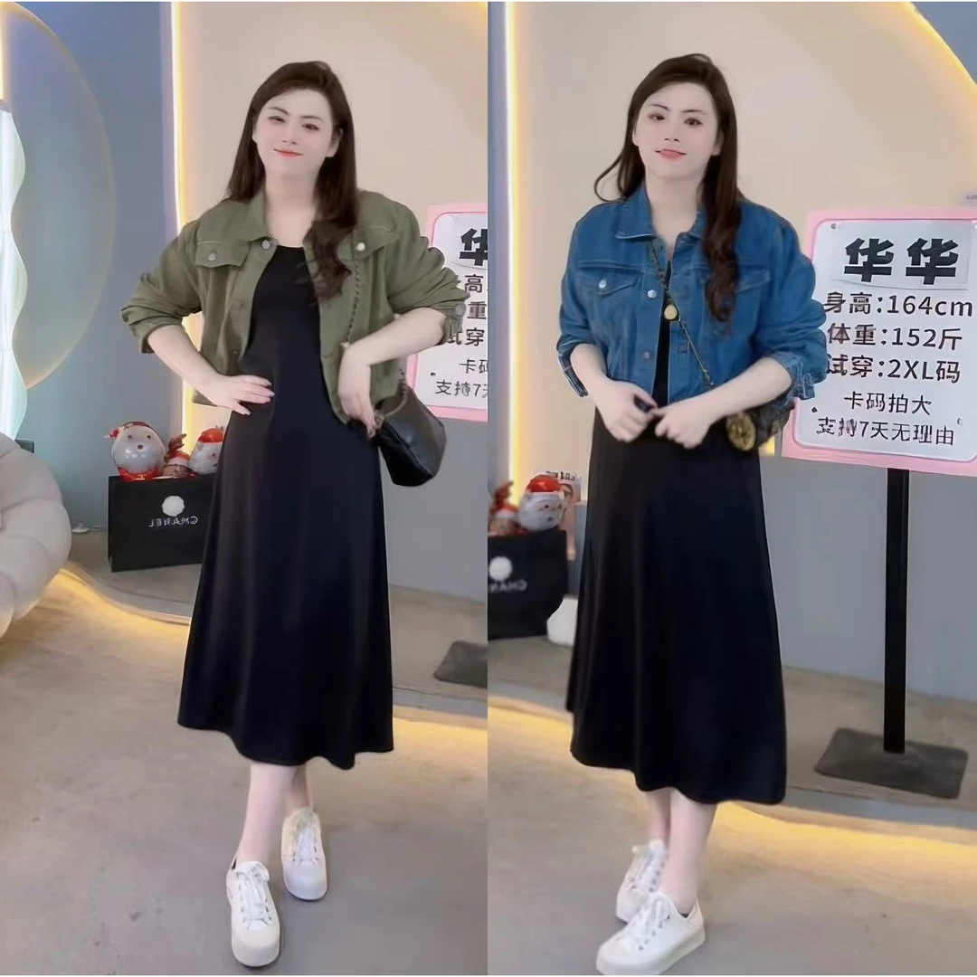 胖mm120-200斤显瘦连衣裙大码微胖显瘦遮肉2025春牛仔连衣裙 1517