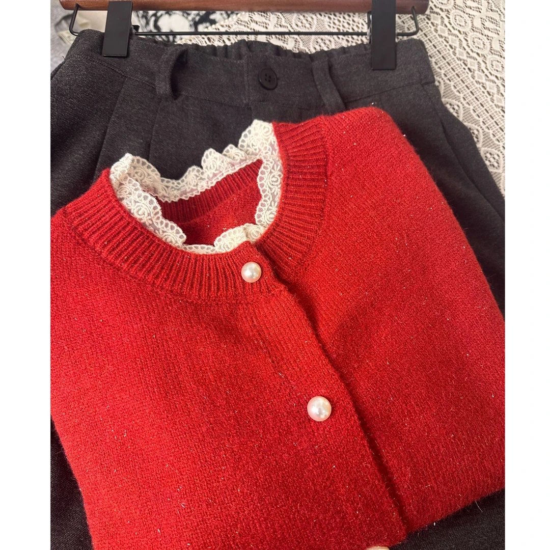 2025年新款圆领时尚套头衫小香风蕾丝毛针织衫百搭女加厚