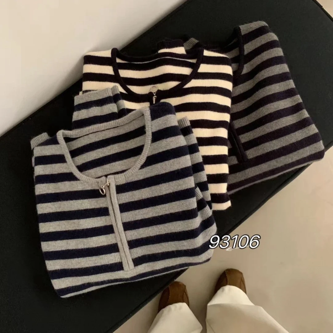 93106 高质感半拉链圆领套头条纹毛衣