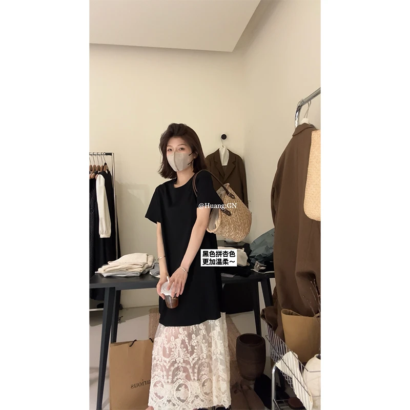 HUANG:GN韩版简约圆领蕾丝拼接短袖连衣裙