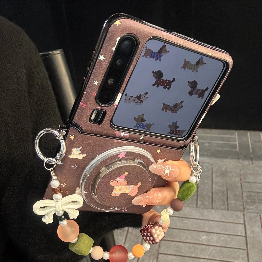 适用华为purax典藏版手机壳棕色皮质pocket2星星狗狗磁吸支架链条