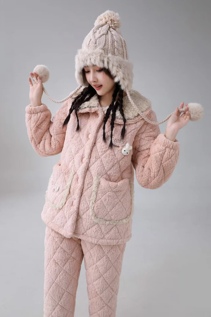睡衣女家居服套装女保暖女士长款睡裙冬款毛绒加绒情侣宽松套装