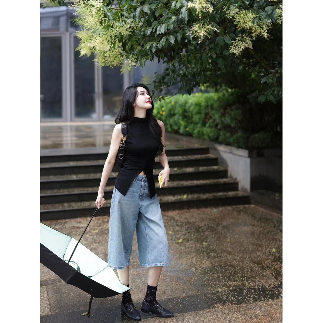 法式小众显瘦短袖t恤女2025夏季新款修身显瘦薄款百搭无袖上衣女