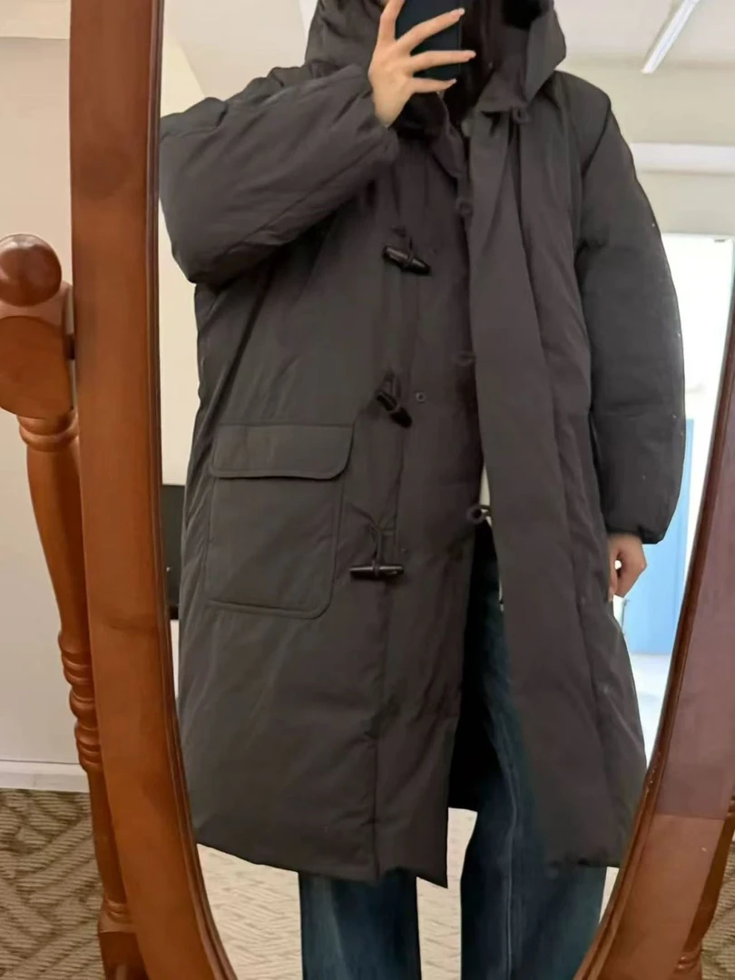 韩国东大门bruni2025冬季款宽松保暖连帽牛角扣大口袋羽绒服5888