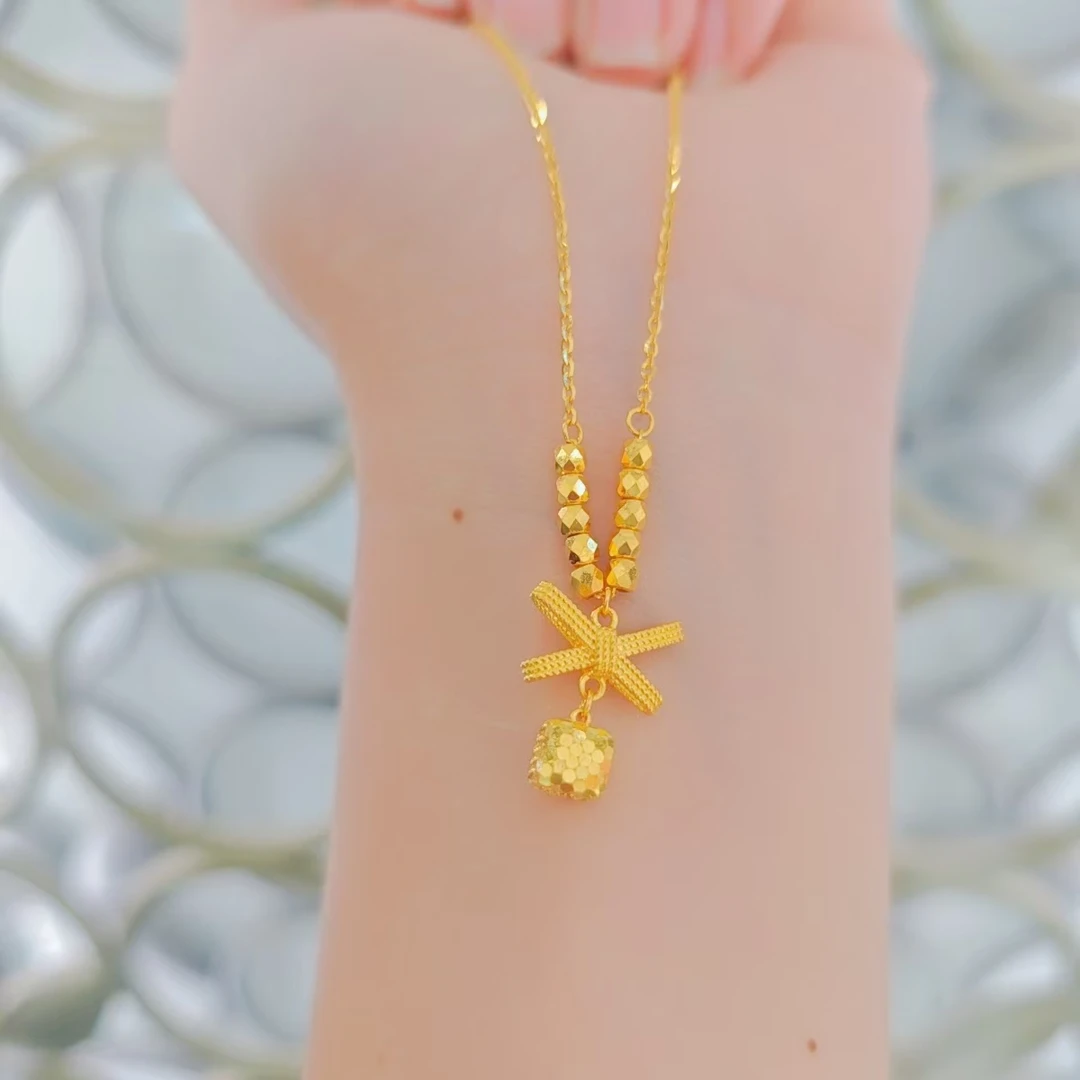 足金999爆闪小方糖丝带蝴蝶结黄金套链时尚百搭黄金首饰项链