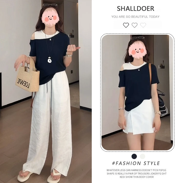 夏季新款露肩百搭针织条纹修身显瘦短袖上衣垂感懒惰风阔腿裤套装