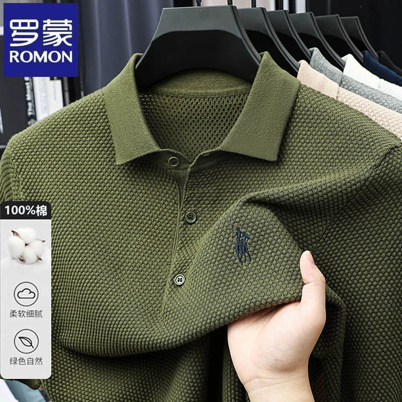 【100%纯棉】罗蒙马标绣花商务翻领短袖针织衫夏季休闲提花男士毛衣