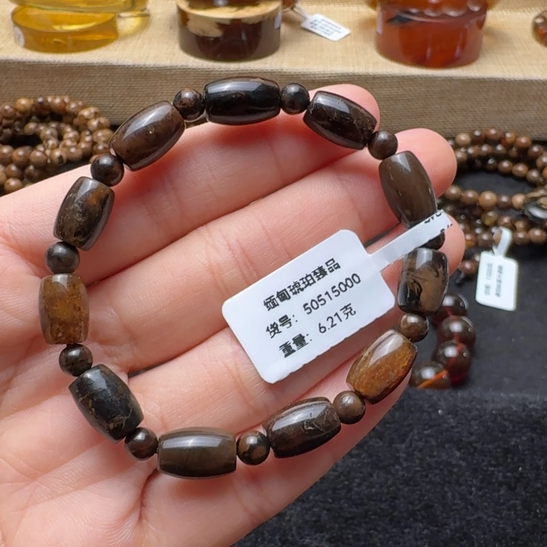 琥珀未镶嵌珠宝奇石7.5mm油根溶洞同株单圈