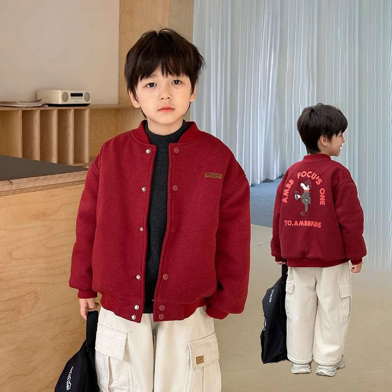 男童加绒夹棉字母棒球服儿童冬装宝宝加厚外套红冬季