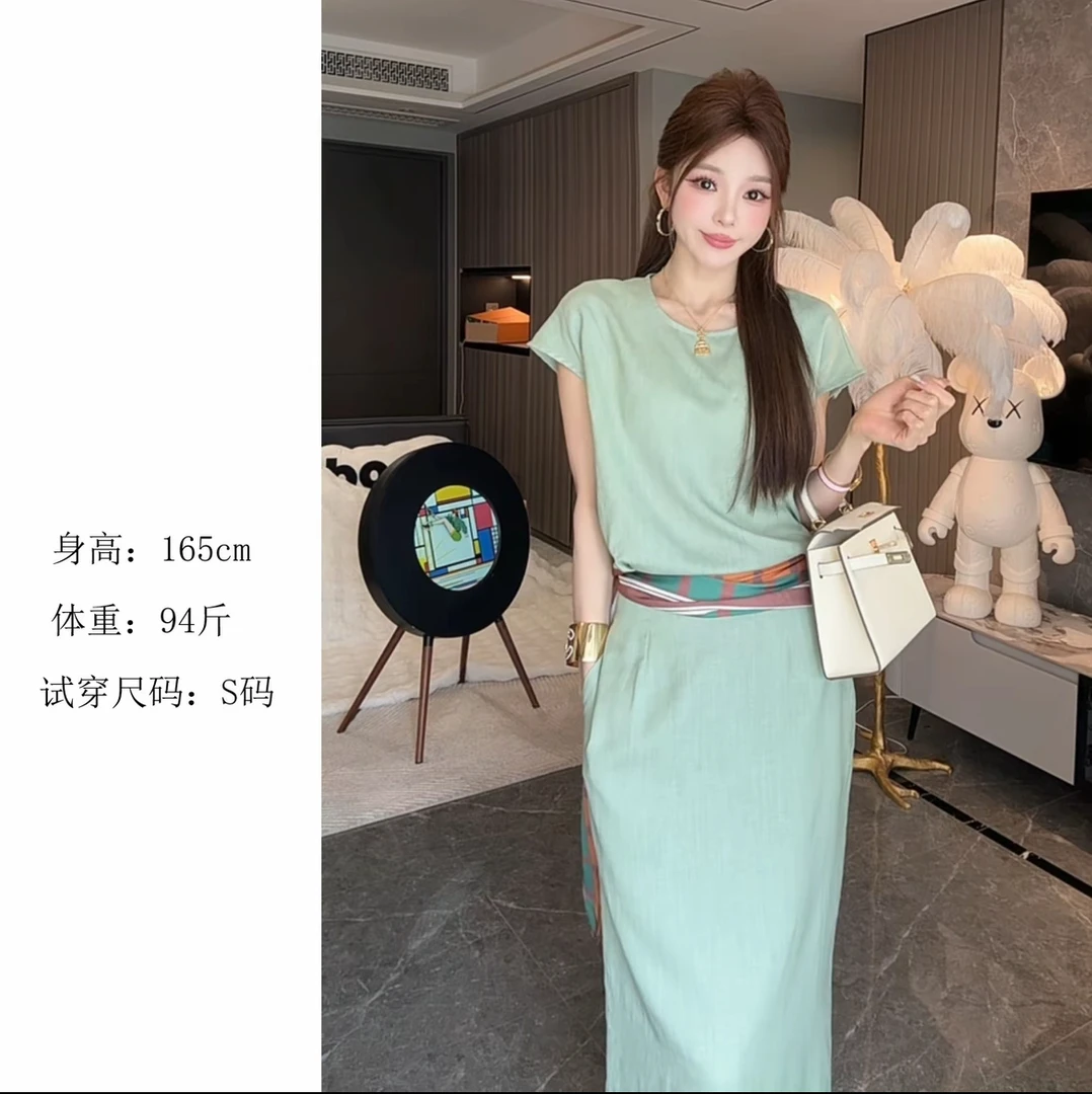 【琳琳】亚麻套装拼接丝巾独特绝美漂亮小香风上衣半身裙两件套2825