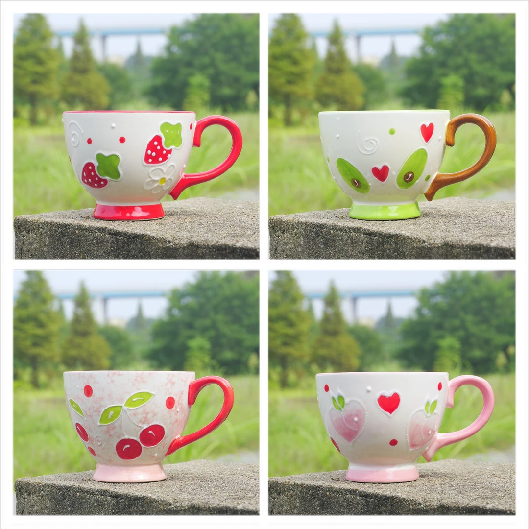 手绘浮雕陶瓷早餐杯子高颜值大容量马克杯咖啡杯牛奶燕麦杯