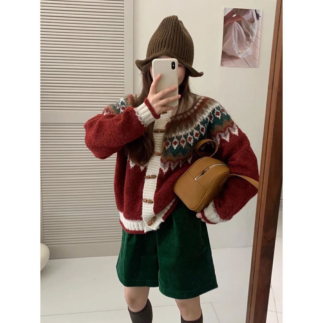 洋气衣服女复古费尔岛毛衣开衫秋冬软糯宽松慵懒风古着针织外套厚