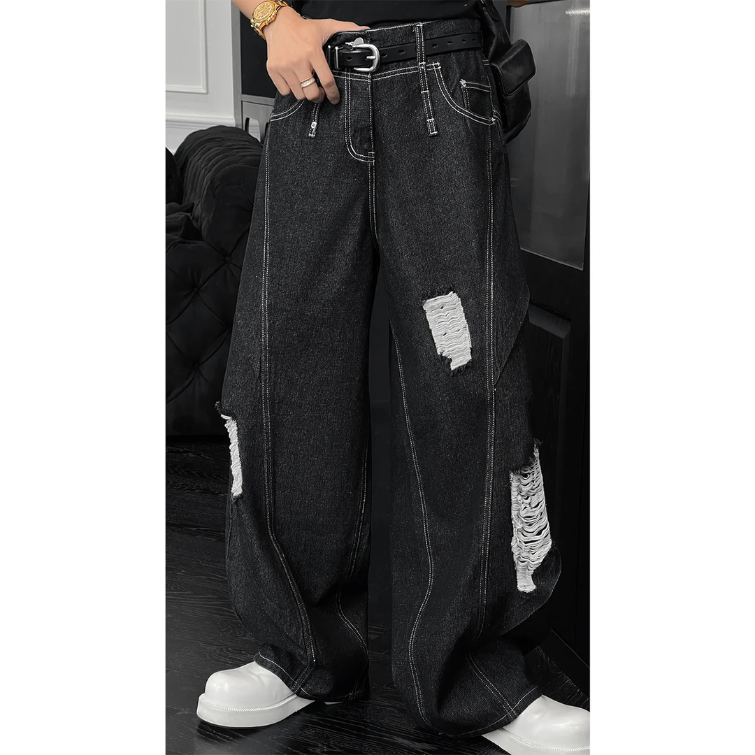 春夏新品原创设计款水洗破洞牛仔裤男美式高街休闲弯刀长裤