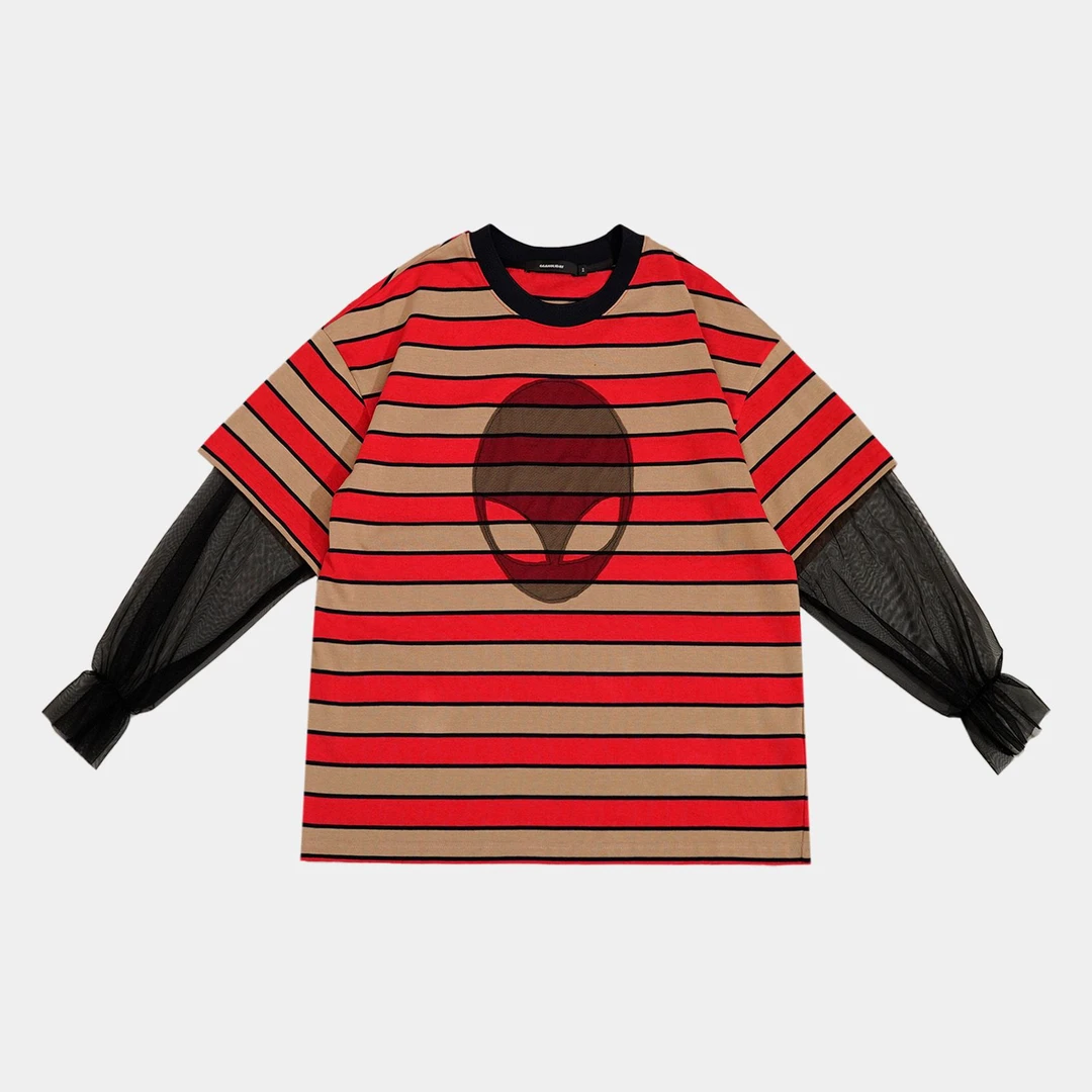 GG潮牌集合芯悟 25N时尚百搭条纹网红长袖假两件拼接设计T152393