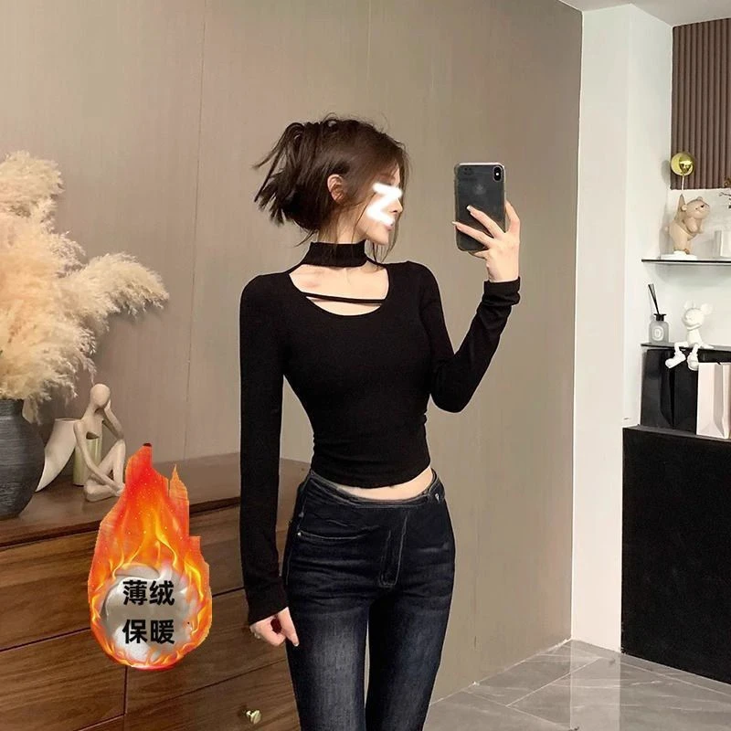 辣妹挂脖长袖t恤女秋冬新款外穿气质内搭小众设计感镂空打底上衣