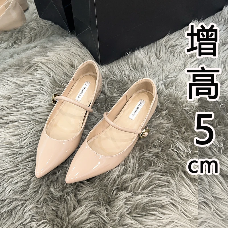 【 软软】小个子增高5cm性感露趾缝浅口百搭一字扣尖头时尚平底单鞋