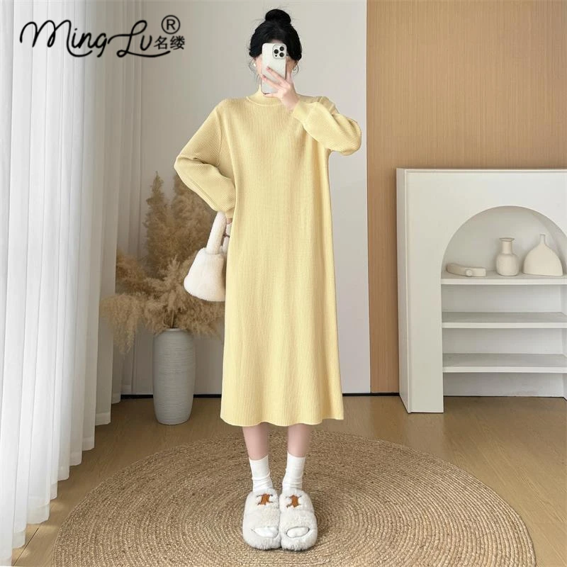半高领针织连衣裙女秋冬长款宽松内搭奶油色小个子毛衣裙打底过膝