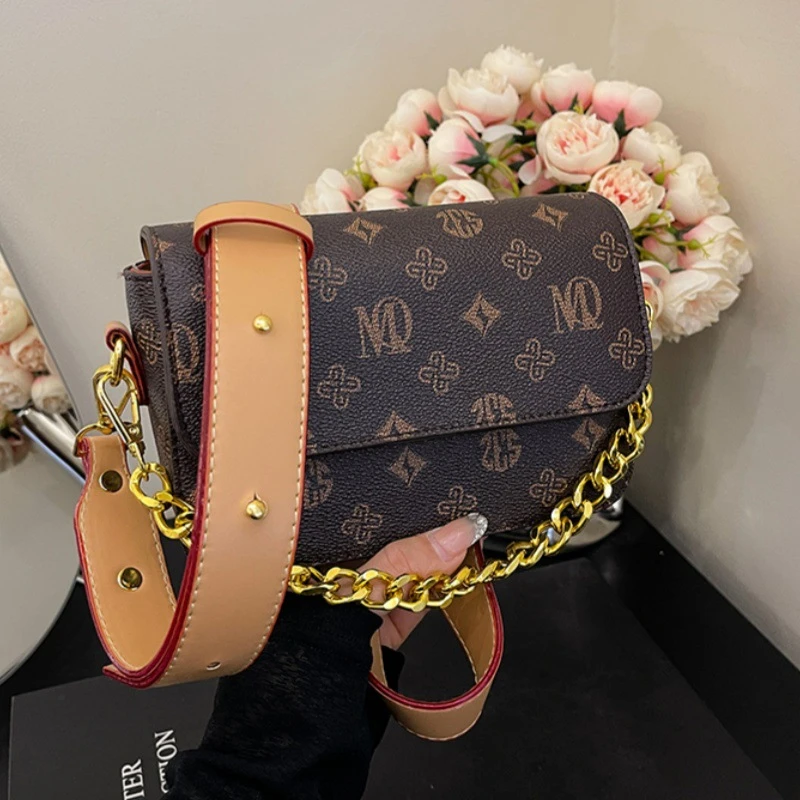 跨境高级轻奢2025新款百搭链条小包包女小众老花斜挎包单肩小方包