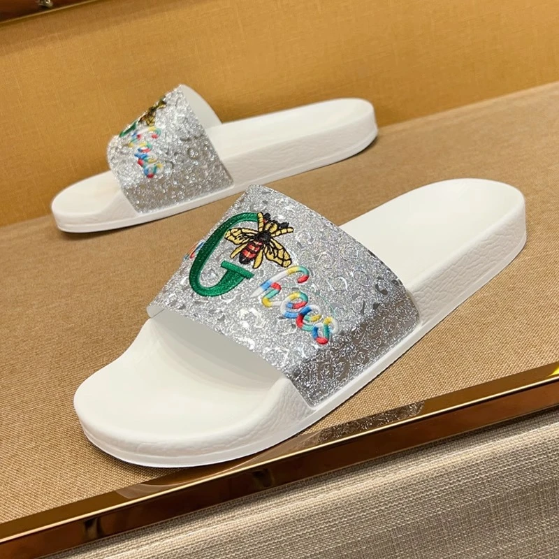 吉伦略索高端夏季潮流豹纹男士户外防滑休闲厚底蜜蜂刺绣一字拖鞋