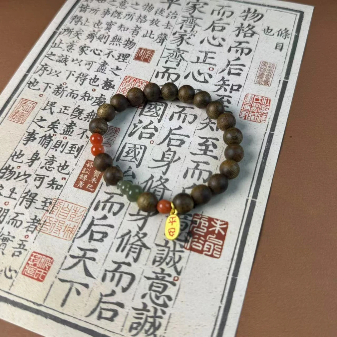 沉香【木蔓秋山】莺歌绿奇楠8mm南红玉葫芦手串-25YMD0519006