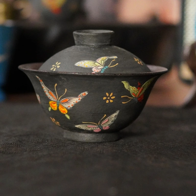 【遗镌新铸·贰章】元青色紫砂泥-岩矿-全手描金百蝶盖碗-150cc