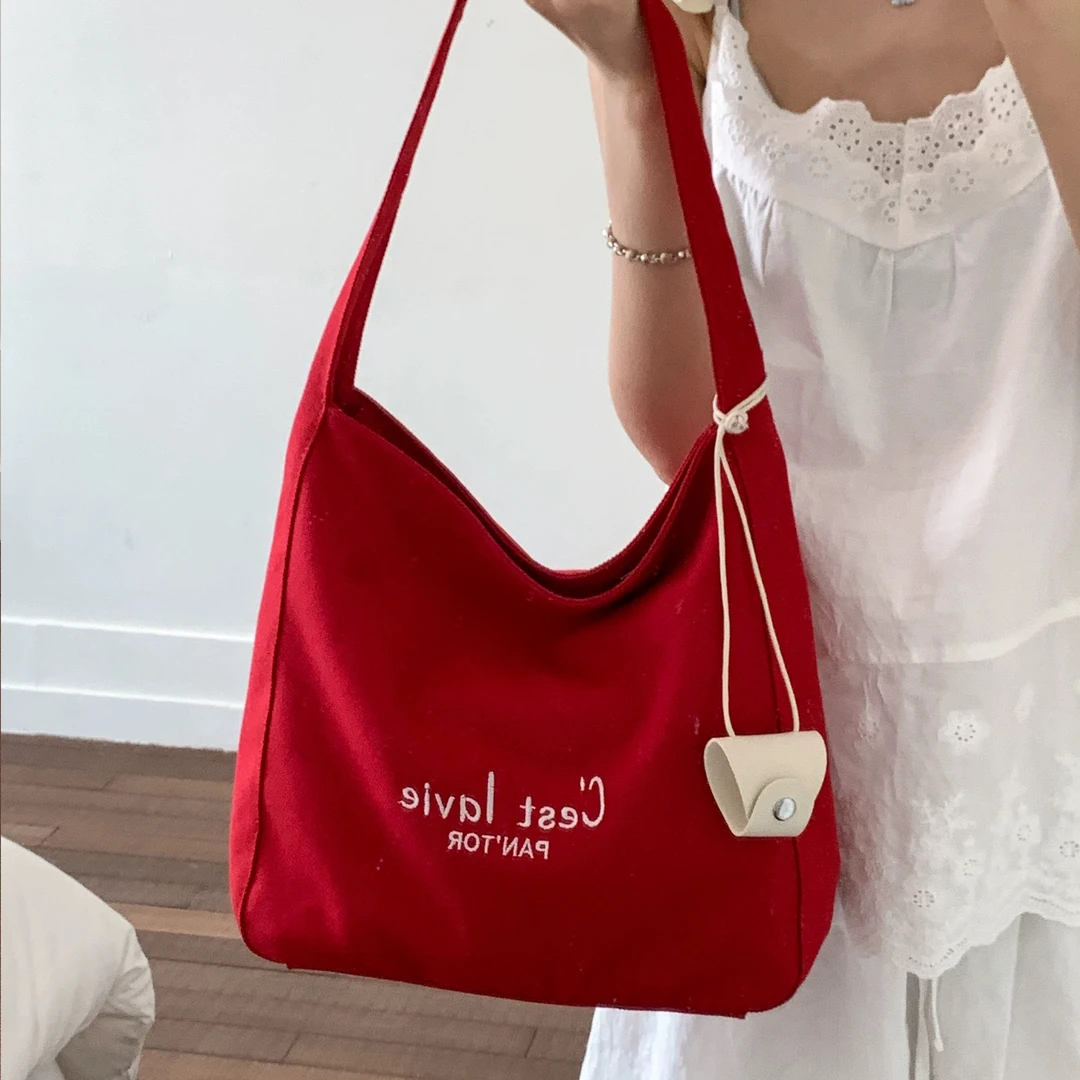 韩系大容量红色帆布包女2025新款时尚百搭刺绣手提袋高级感托特包