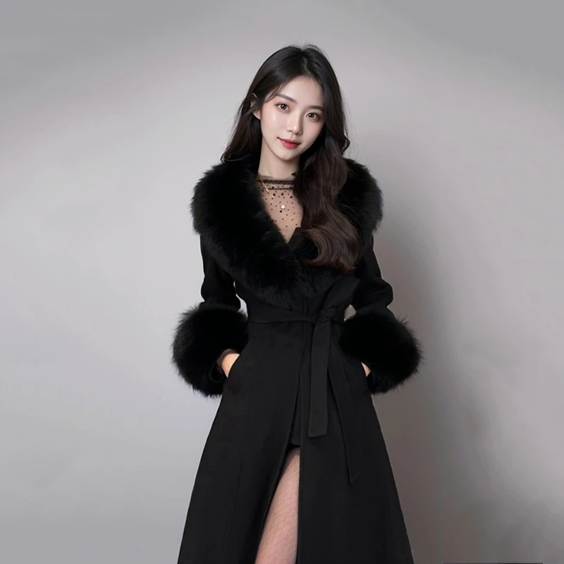 【冬日来信】黑色气质高级感中长款大衣女冬新款收腰显瘦毛呢外套