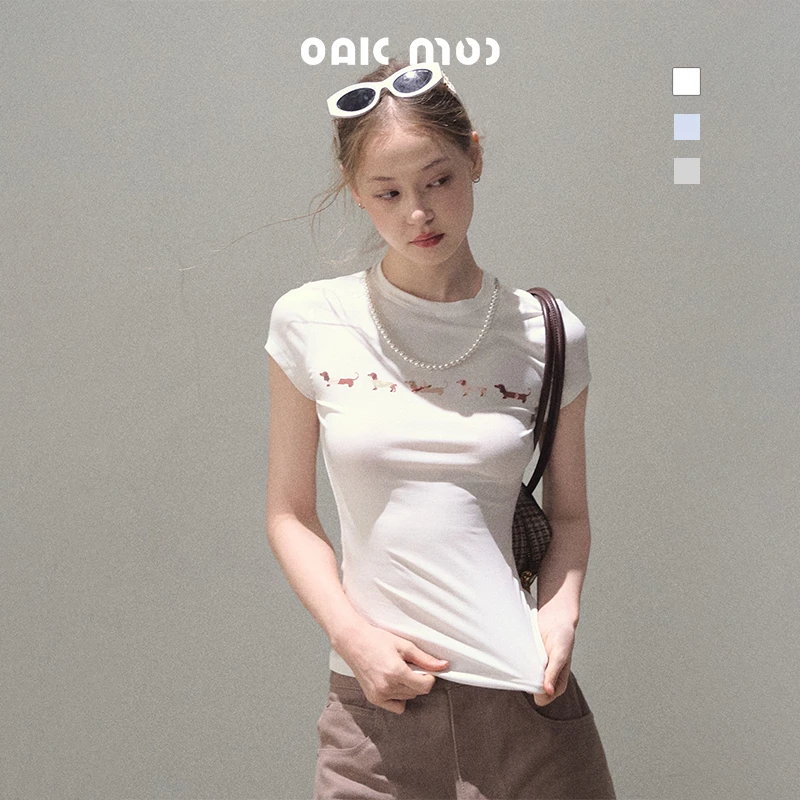 OakmooBasic*莱赛尔圆领打底小狗休闲T恤时尚修身白色上衣