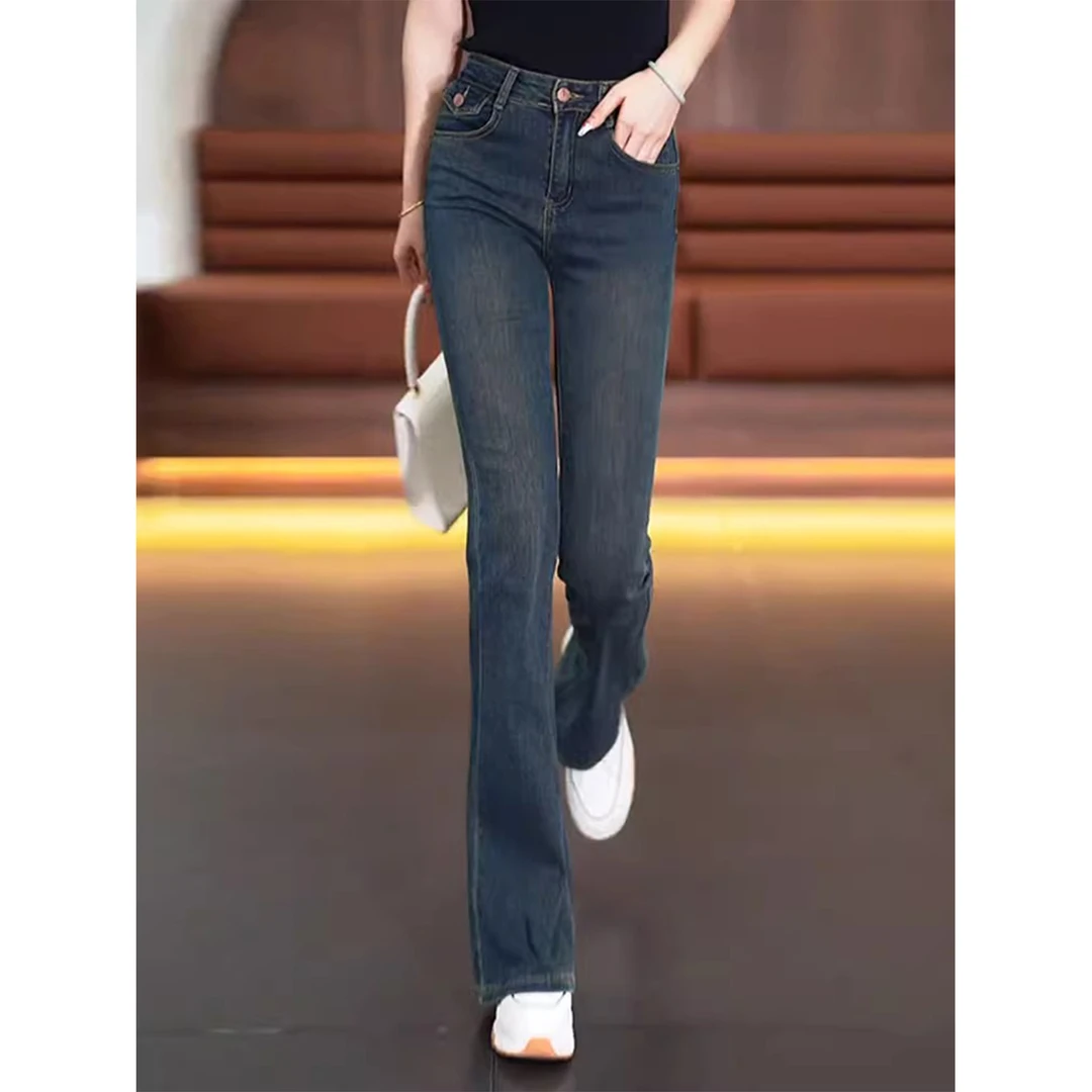 拉夏贝尔水泥灰高腰微喇牛仔裤女2025新款春秋长裤修身马蹄喇叭裤