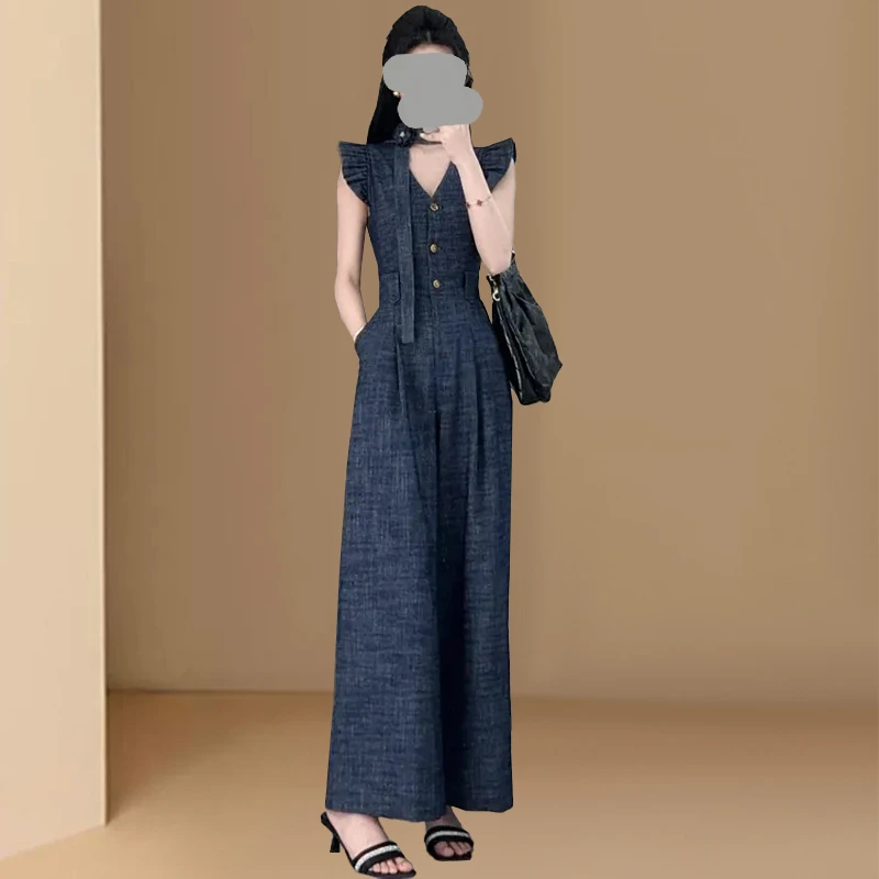 2025年夏季新款复古牛仔蓝高腰显瘦女简约宽松休闲连体时尚阔腿裤