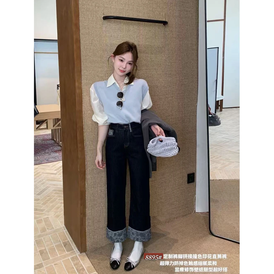 拼接花纹九分直筒牛仔裤女秋季新款大码胖mm宽松显瘦设计感阔腿裤