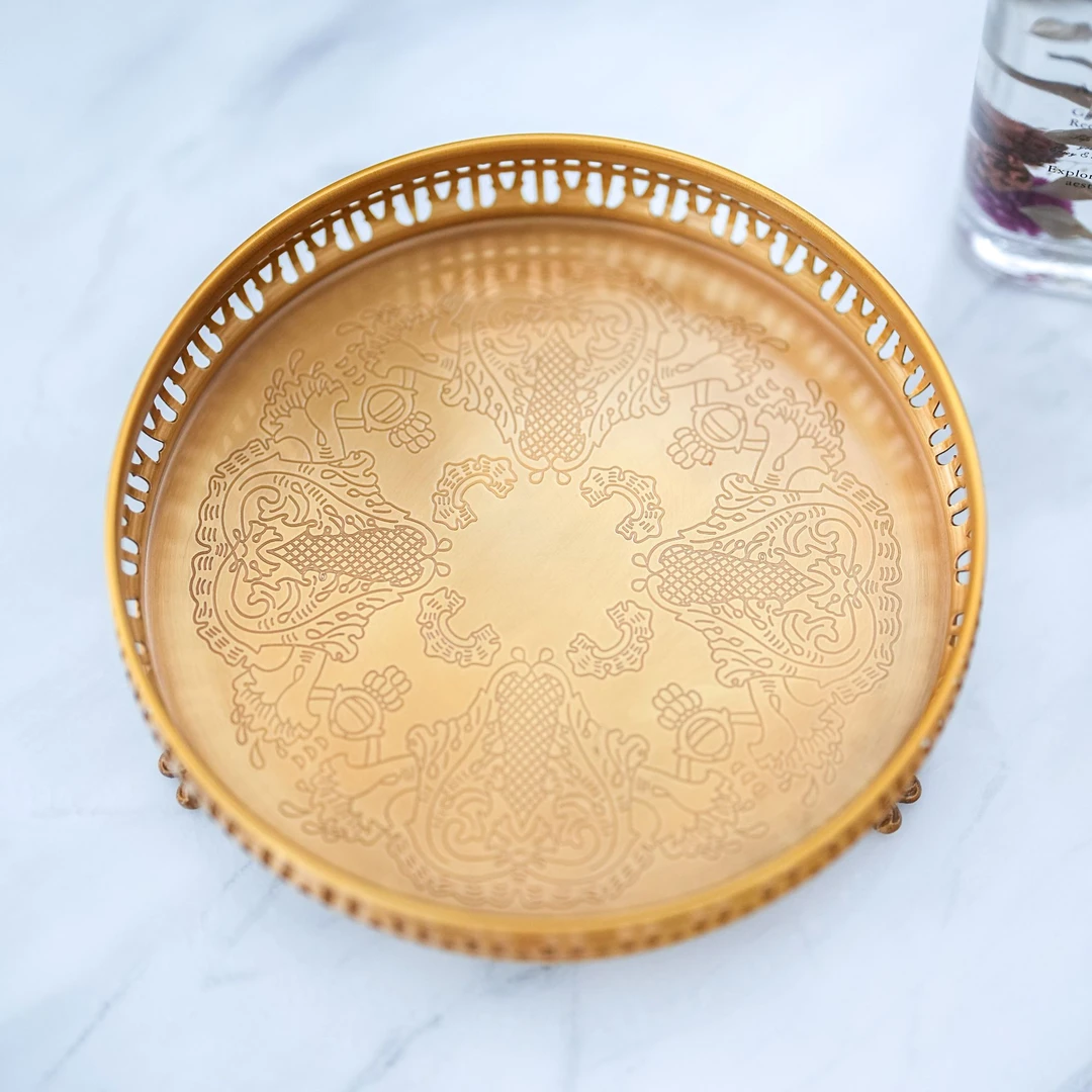 【奇居铜瓷】黄铜镂空边古典刻花圆形托盘客厅卧室桌面收纳盘#GY