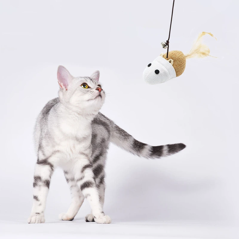新款宠物逗猫棒麻布羽毛铃铛玩具实木杆弹力耐咬耐磨猫咪互动神器