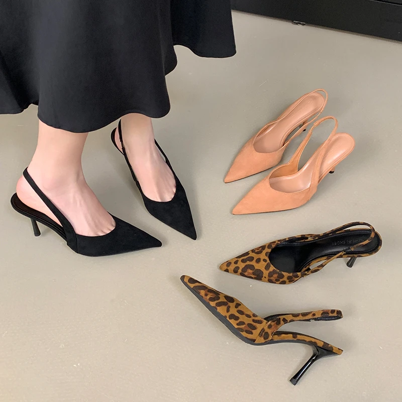 2025春夏新款外穿豹纹高跟鞋后绊带女士气质凉鞋子女细跟尖头单鞋