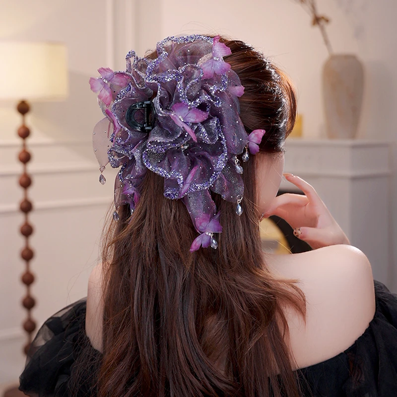 梦露裙摆抓夹氛围感蝴蝶褶皱轻纱重工鲨鱼夹新中式百搭显发量发夹