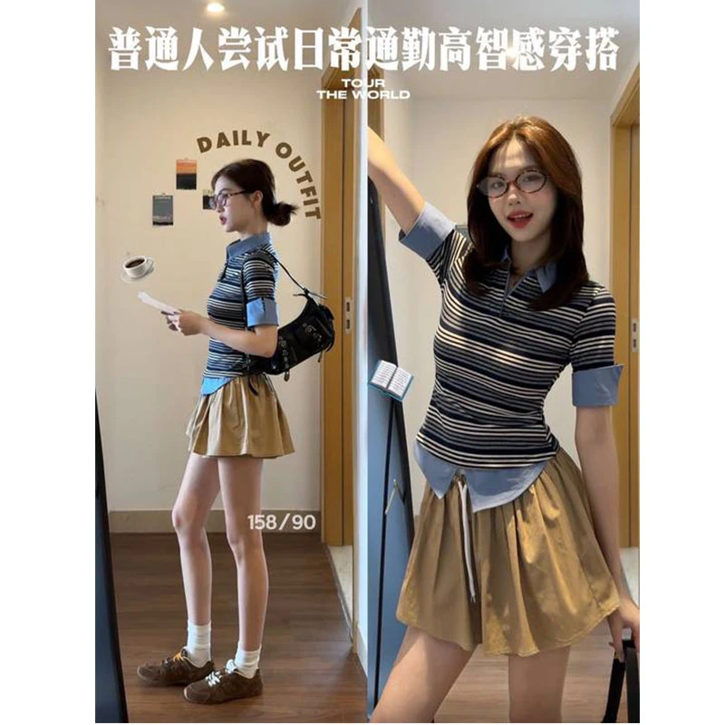 时尚穿搭女2025夏季新款设计感条纹拼接翻领上衣显瘦短裙两件套装
