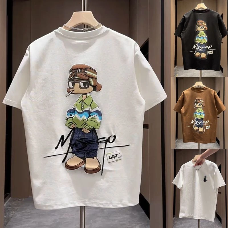 夏季新款男士彩绘图案短袖潮流时尚百搭纯棉半袖潮牌打底衫上衣潮