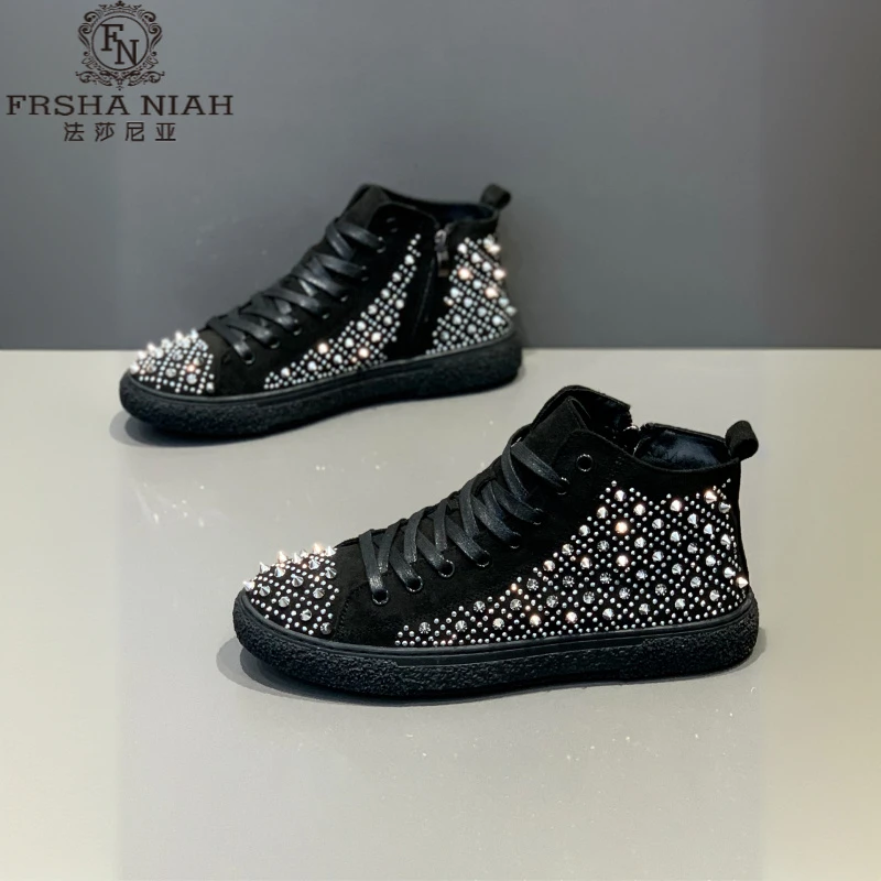 法莎尼亚高帮男鞋高温烫钻板鞋秋季新款水钻秋季男士透气高帮板鞋