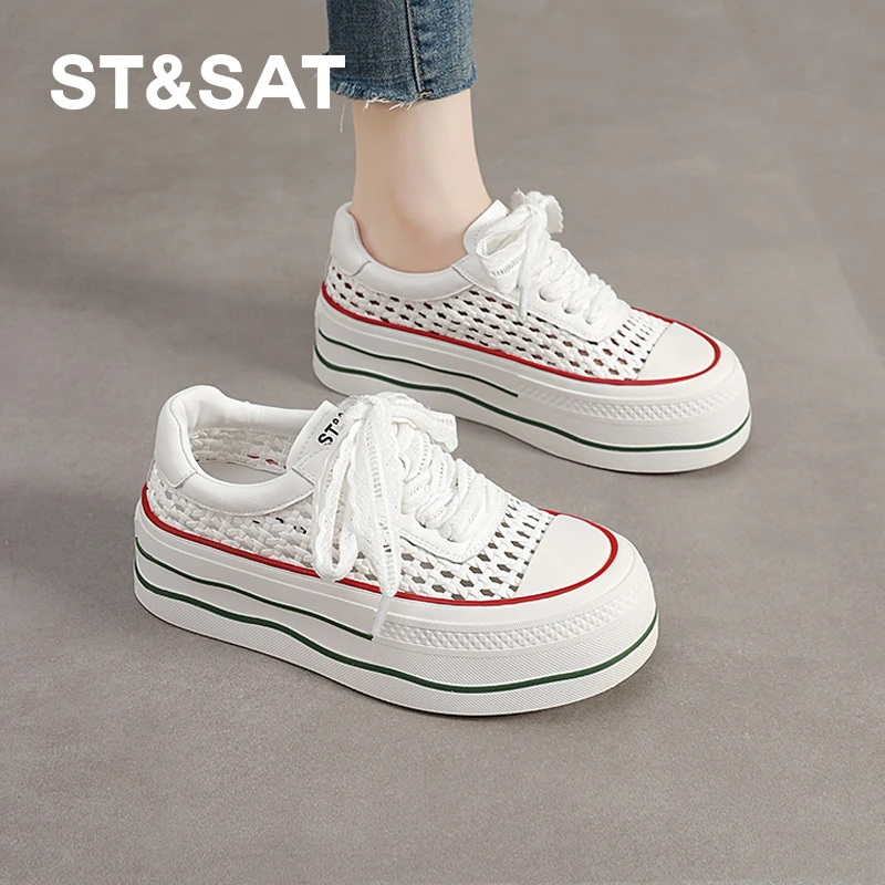 星期六小个子洞洞鞋女2025夏季新款女士运动鞋编织百搭厚底小白鞋