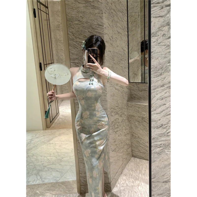清冷气质花朵印花珍珠链条旗袍连衣裙女绝美修身显瘦无袖长裙新款