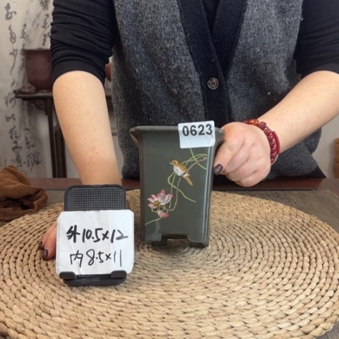 紫砂花盆纯料墨绿手绘0623