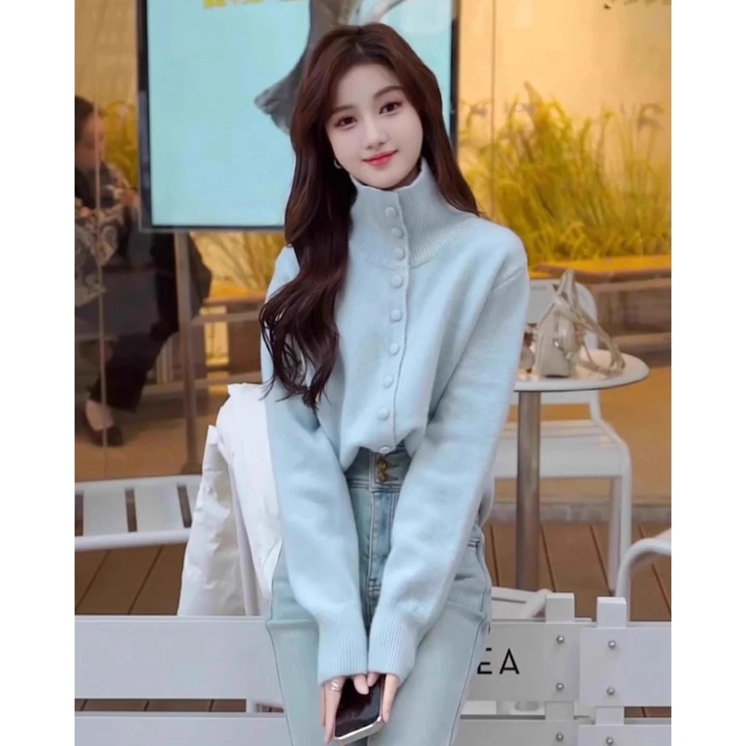 芊芊芙高领单排扣长袖针织衫女春秋新款韩版宽松显瘦毛衣开衫上衣