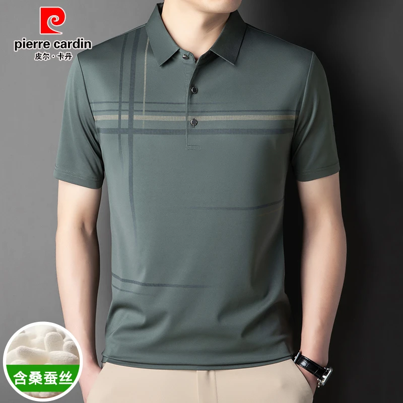 皮尔卡丹夏季新款桑蚕丝短袖Polo衫时尚休闲男士高品质翻领T恤男