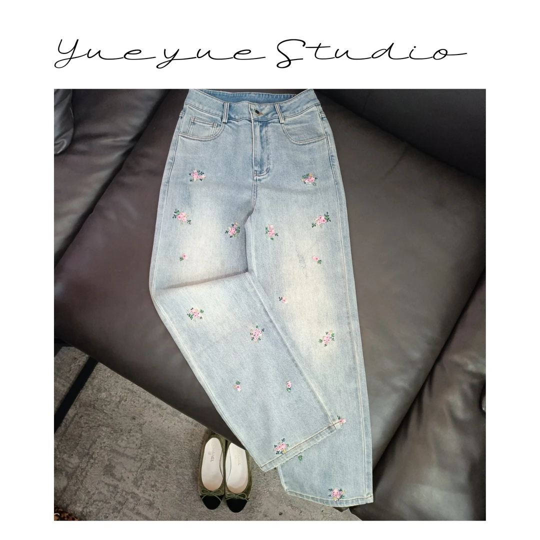 BAISHIQI【小粉牛】NEW 重工钉珠刺绣显瘦直筒牛仔裤A062