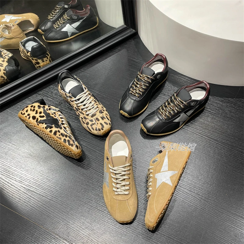复古3代手工做旧星星小脏鞋女真皮豹纹德训鞋百搭脏脏鞋低帮板鞋
