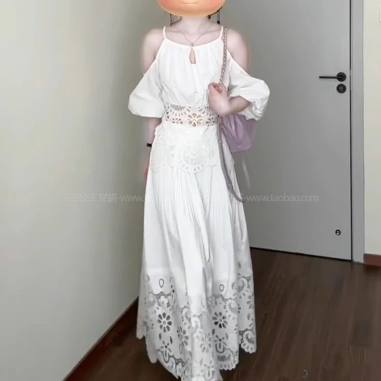 法式温柔蕾丝镂空绣花露肩上衣半身裙白色重工两件套2025夏季新款