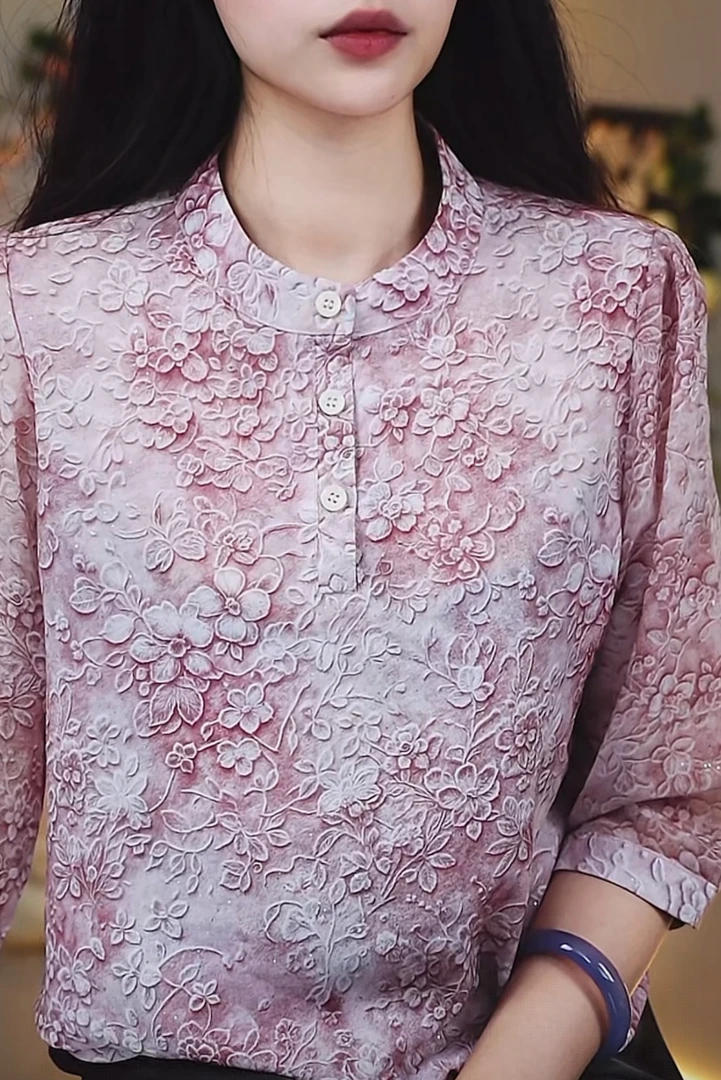 32-时尚常规中袖夏季立领五分袖宽松型打底衫衬衫显瘦百搭上衣女