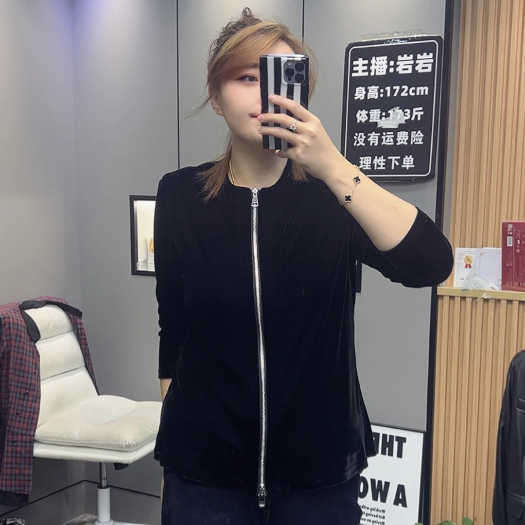岩岩家双拉链丝绒开衫女上衣2181