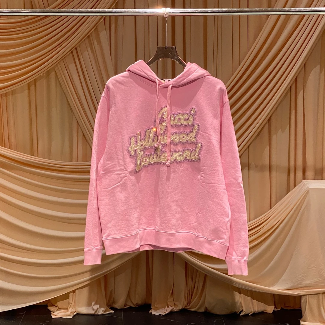 99新 GUCCI/古驰 Gucci樱花粉重工水钻字母logo帽衫/L码/33220